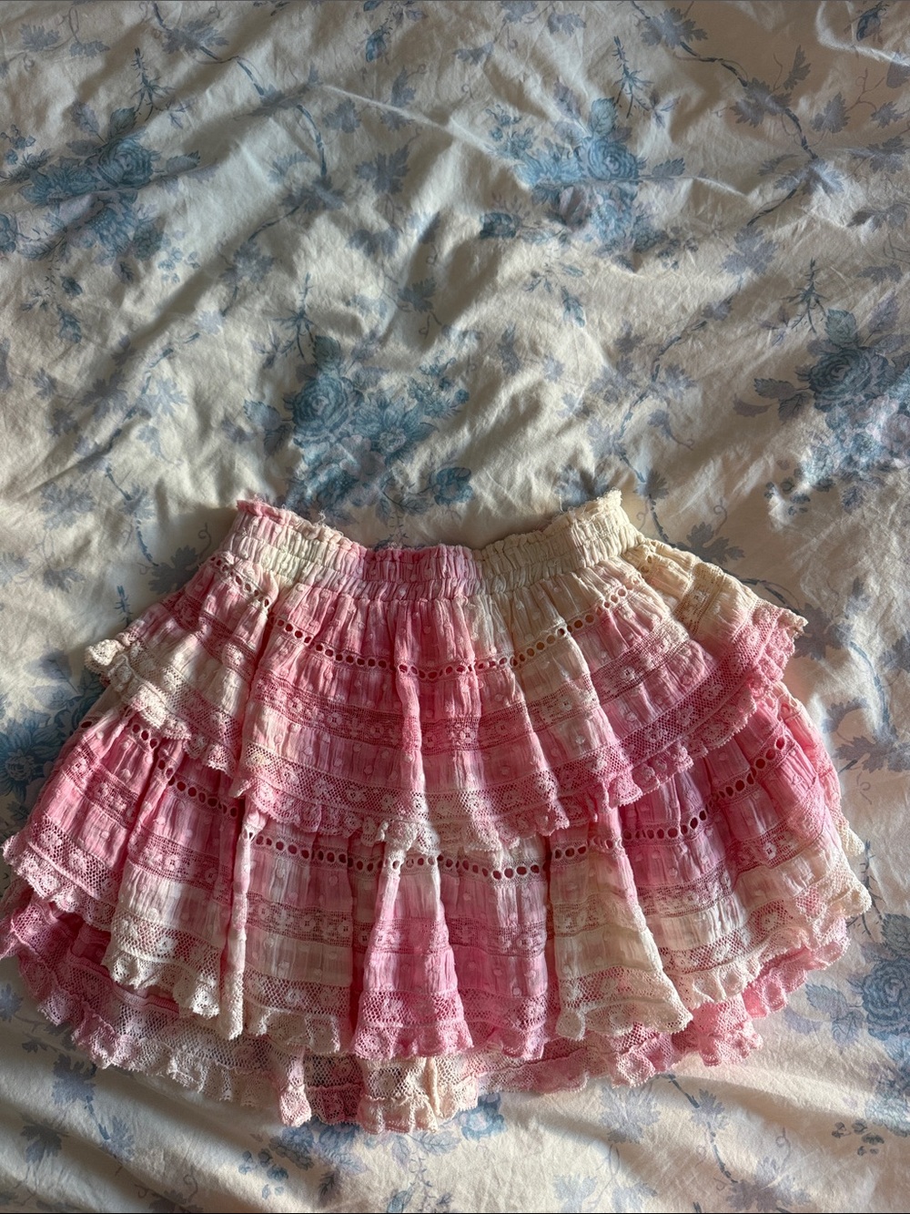 LoveShackFancy Pink and Cream Tiered Lace Mini Skirt